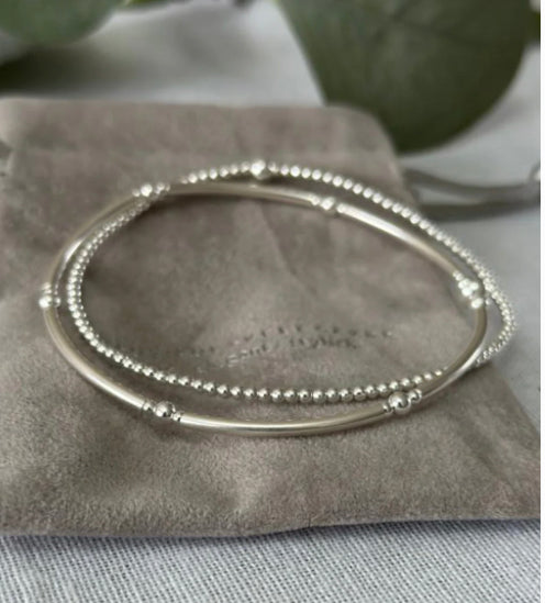 Sterling Silver Bangle & 2mm Beaded Bracelet Set - Beautiful Keepsakes
