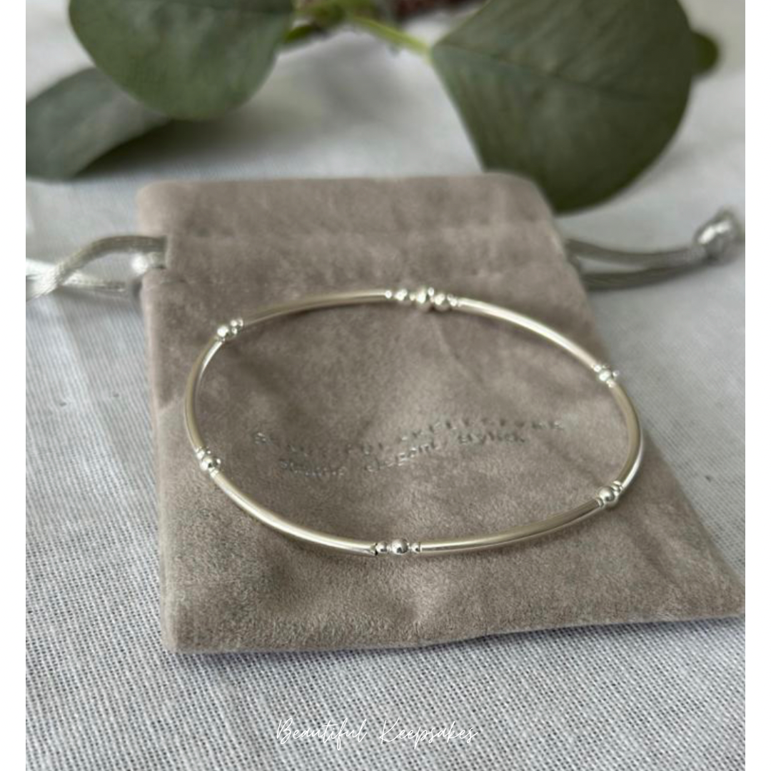 Sterling Silver Bangle & 2mm Beaded Bracelet Set Beautiful Keepsakes