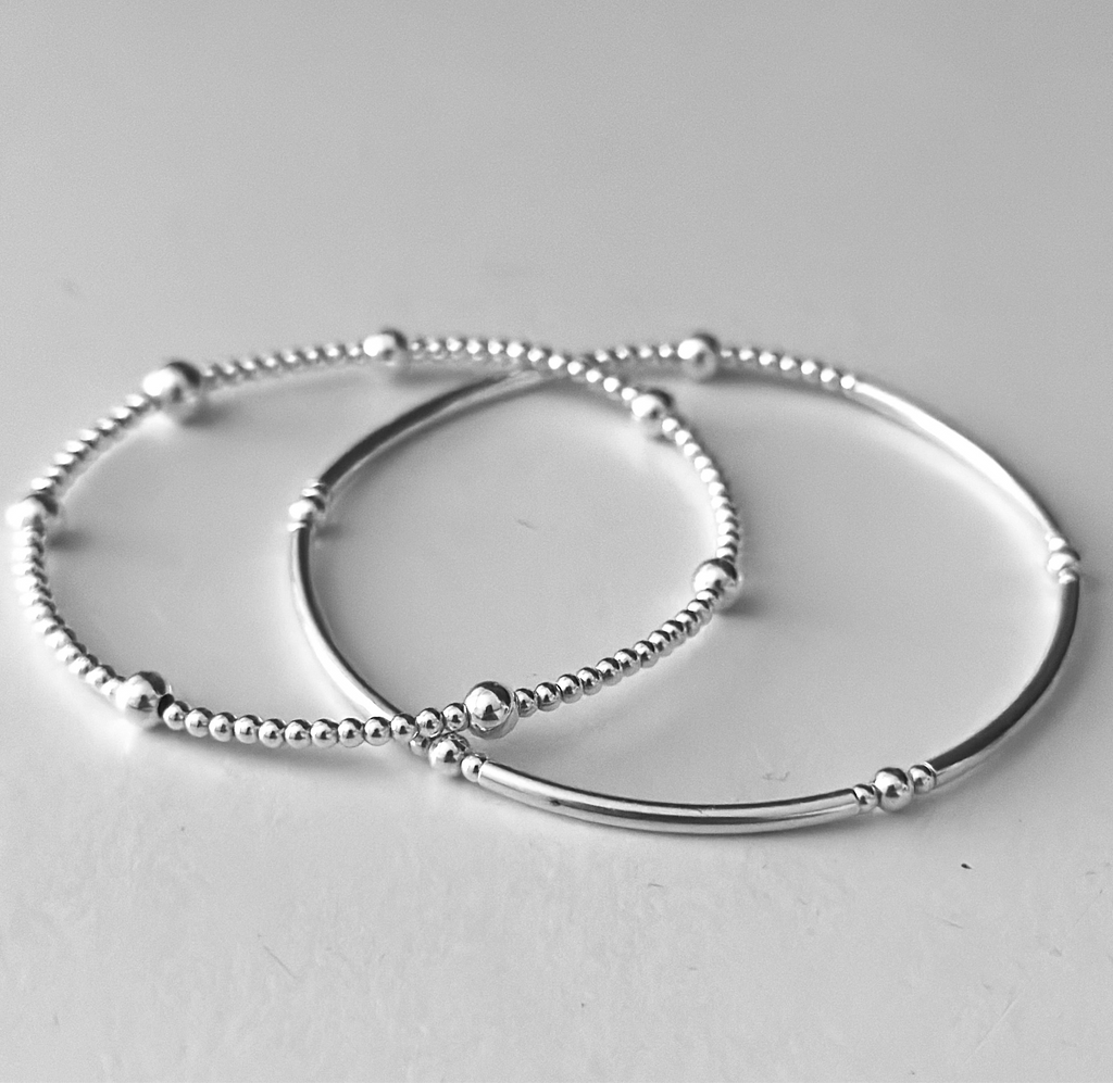 Sterling Silver Beaded & Bar Duo Bracelet Set - Beautiful Keepsakes