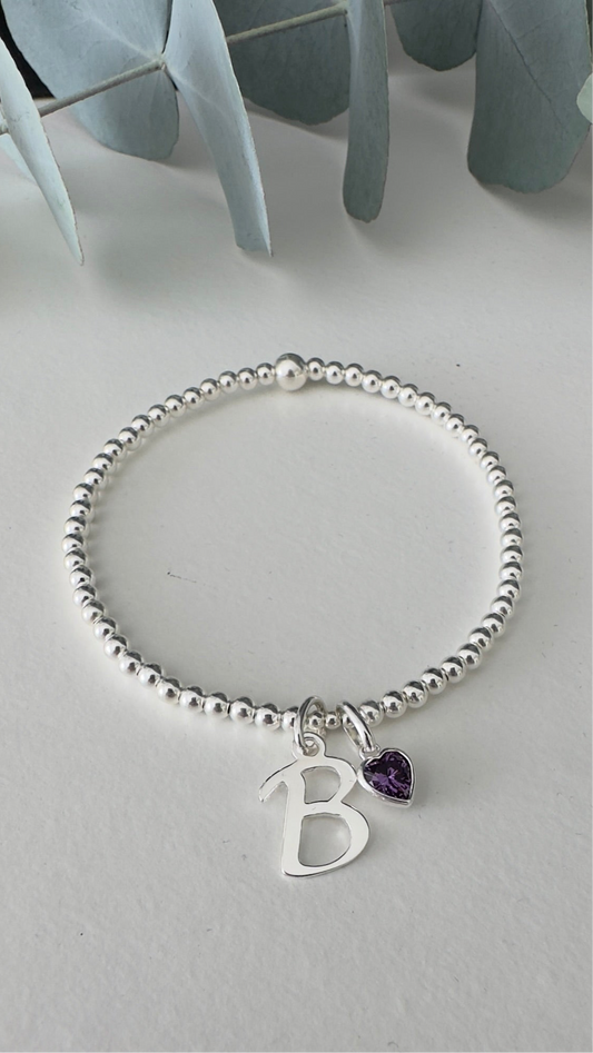 Personalised Initial Birthstone Heart Bracelet | Sterling Silver - Beautiful Keepsakes