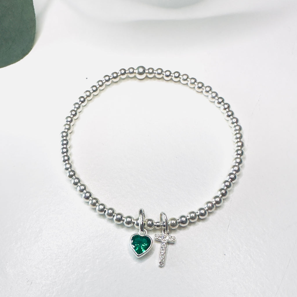 Personalised Crystal Initial Birthstone Heart Bracelet | Sterling Silver - Beautiful Keepsakes